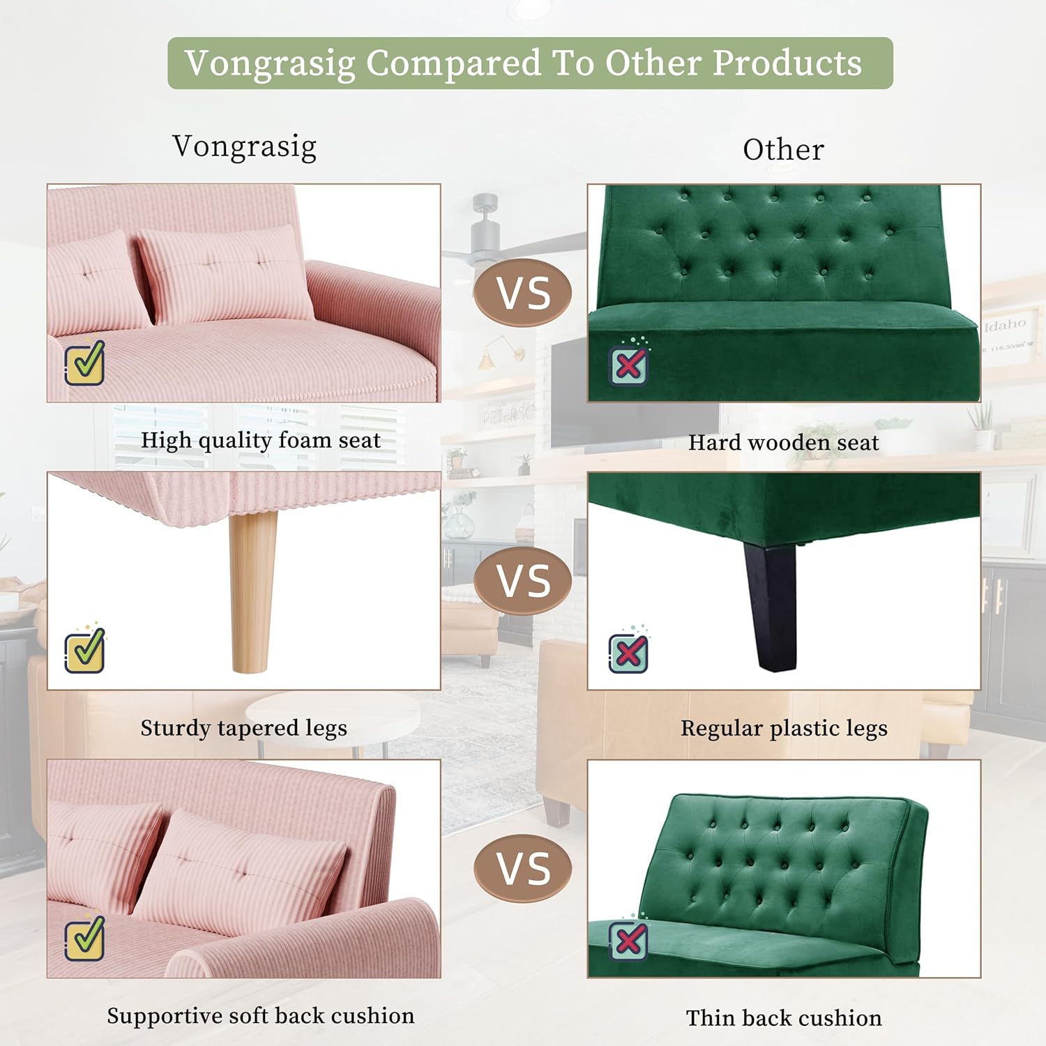 Vongrasig 47" Small Modern Loveseat Sofa, Mid Century Soft Corduroy Fabric 2-Seat Sofa Couch Tufted Love Seat with Back Cushions and Tapered Legs for Living Room, Bedroom and Small Space (Pink)