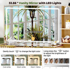51" Vanity Desk with Power Outlet, Makeup Vanity with Mirror and Lights, 3 Lighting Modes, Vanity Table with Glass Top, 5 Drawers, and Jewelry Storage,Oak-1