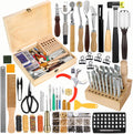 424 Pcs Leather Working Tools Leather Tools Leathers Tooling Kit Leathers Hole Punch Tool with Instructions, Sewing Kit, Wooden Storage Box, Stamping Set