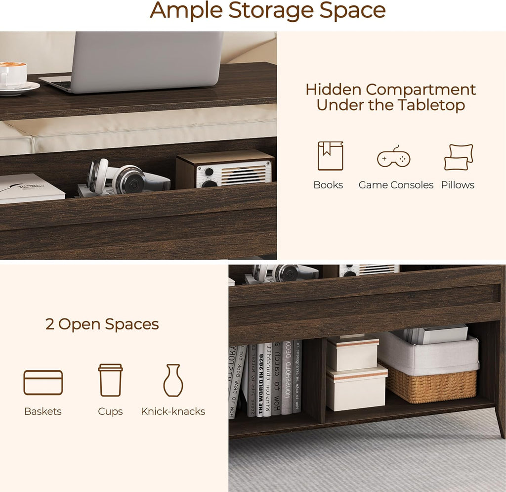 Yaheetech Lift Top Coffee Table with Hidden Storage Compartment & 2 Open Shelves, Rising Tabletop Pop Up Center Table for Living Room Reception Room, 47.5'' L, Espresso