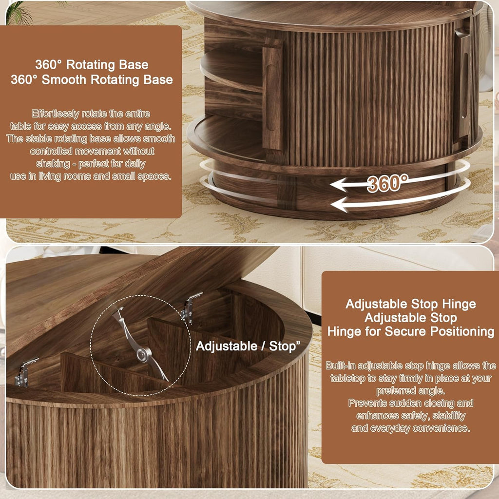 31.5" Round Fluted Coffee Table with Hidden Storage, Modern Wood Coffee Table with Flip-Up Hinged Tabletop, Divided Compartments and Rotating Base for Living Room & Apartment (Walnut)