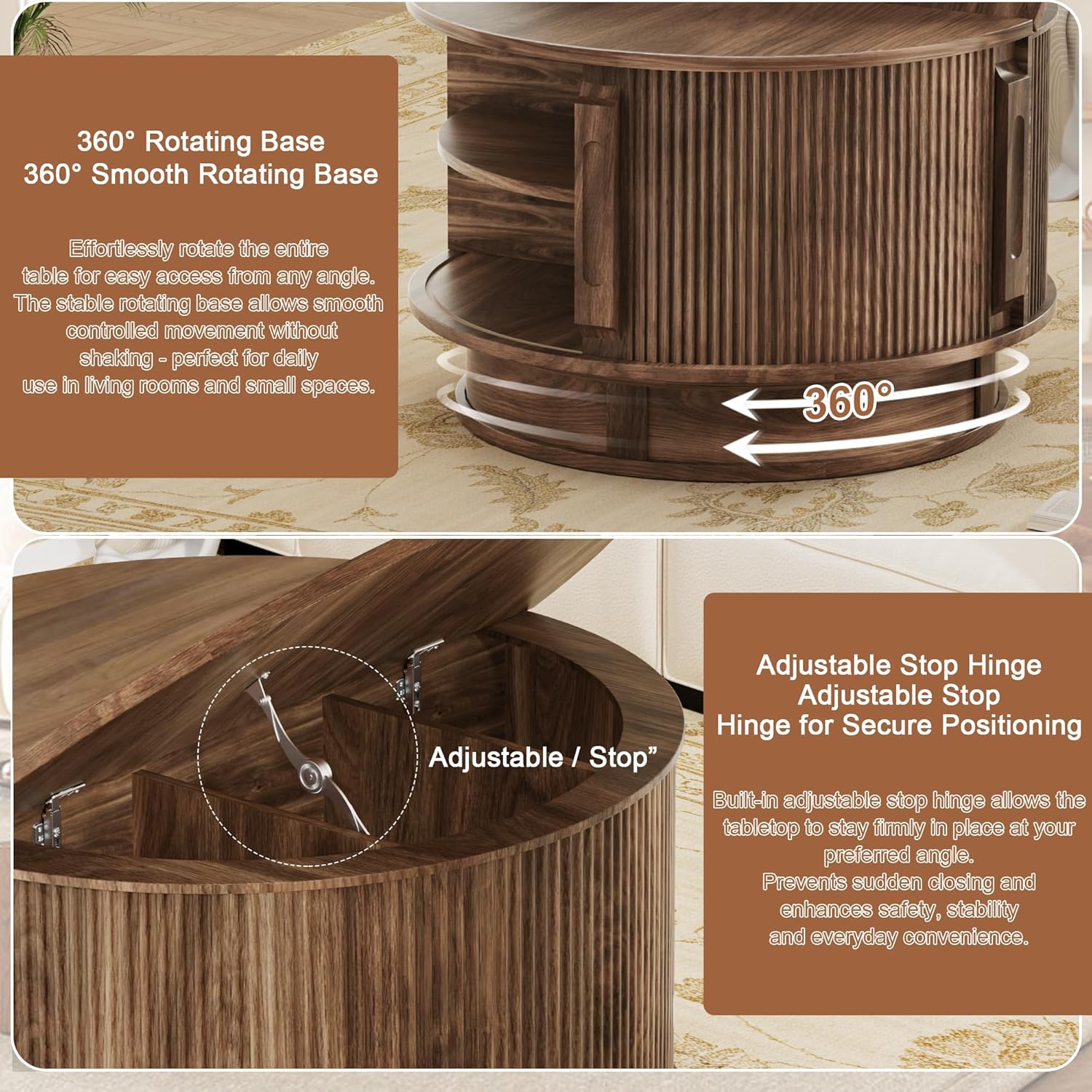31.5" Round Fluted Coffee Table with Hidden Storage, Modern Wood Coffee Table with Flip-Up Hinged Tabletop, Divided Compartments and Rotating Base for Living Room & Apartment (Walnut)