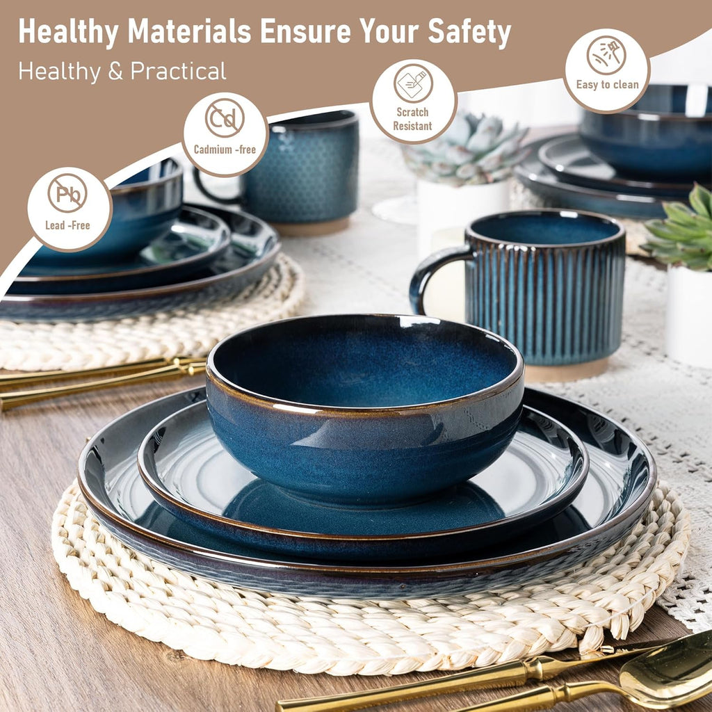 GBHOME Ceramic Dinnerware Sets for 4, 12 Pieces Stoneware Plates and Bowls Sets, Scratch Resistant Dishes, Dishwasher & Microwave Safe, Reactive Glaze-Pacific Blue