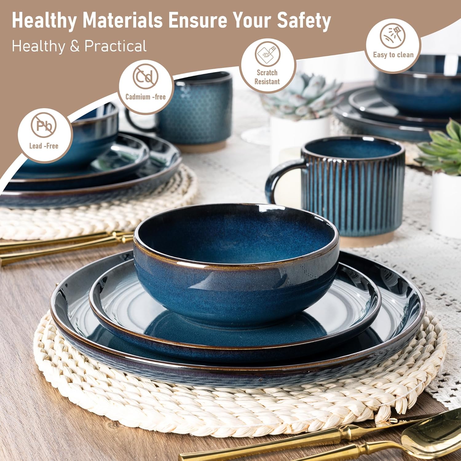 GBHOME Ceramic Dinnerware Sets for 4, 12 Pieces Stoneware Plates and Bowls Sets, Scratch Resistant Dishes, Dishwasher & Microwave Safe, Reactive Glaze-Pacific Blue