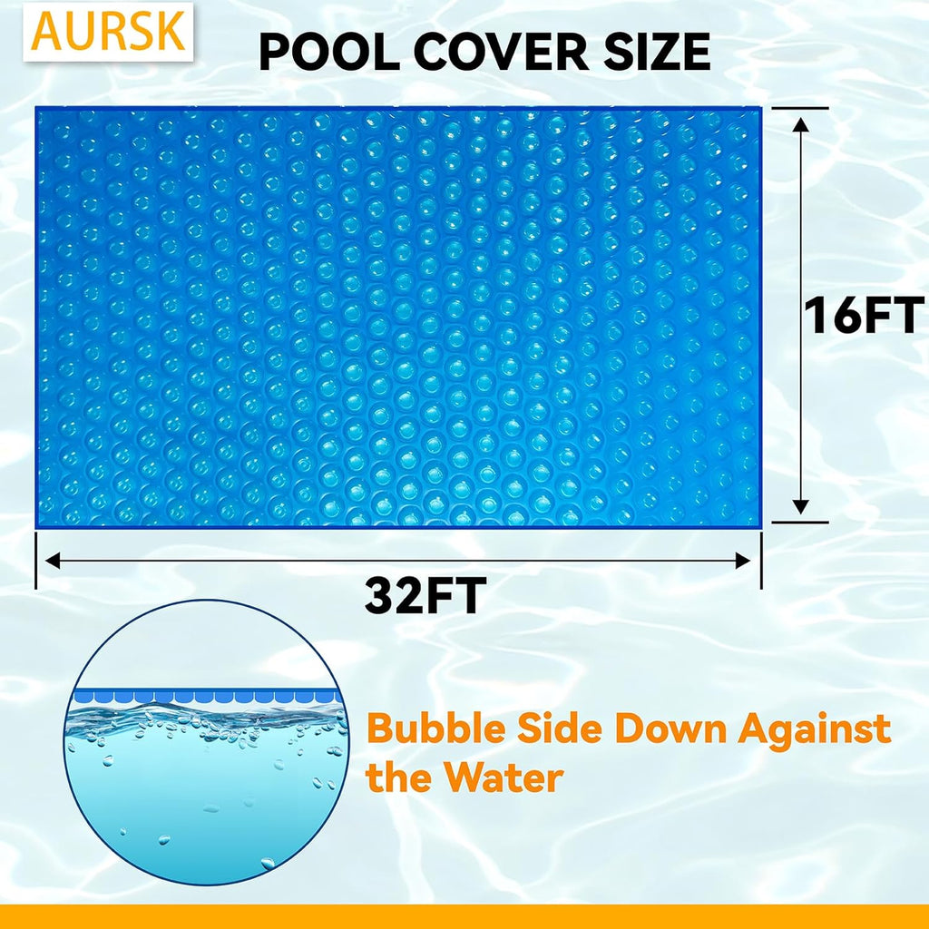 AURSK Solar Pool Cover 12MIL 16x32 Foot Rectangle Solar Pool Blanket for In-ground Pools 1200 Series Insulating Pool Heater Covers