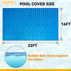 AURSK Solar Pool Cover 12MIL 16x32 Foot Rectangle Solar Pool Blanket for In-ground Pools 1200 Series Insulating Pool Heater Covers