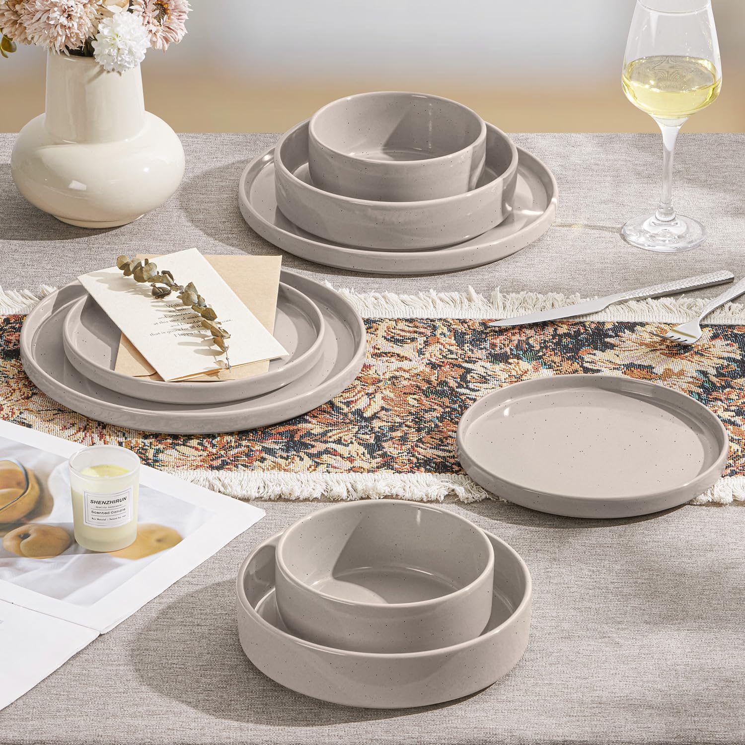 Herogo 8 Piece Plates and Bowls Set, Ceramic Dinnerware Sets with Pasta Bowls, Kitchen Dinner Ware Dishes Service for 2, Chip & Scratch Resistant Dishware, Speckled Coffee Brown