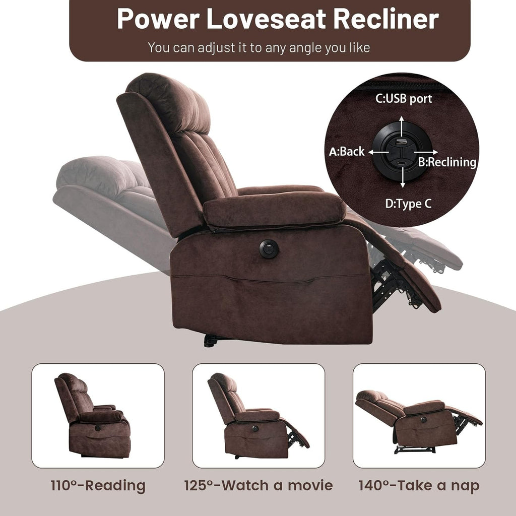 Power Reclining Loveseat with Console, Electric Double Recliner with USB/Type C/Side Pocket/Cup Holders, RV Recliners Wall Hugger Reclining Loveseat for Living Room & RV & Home Theater