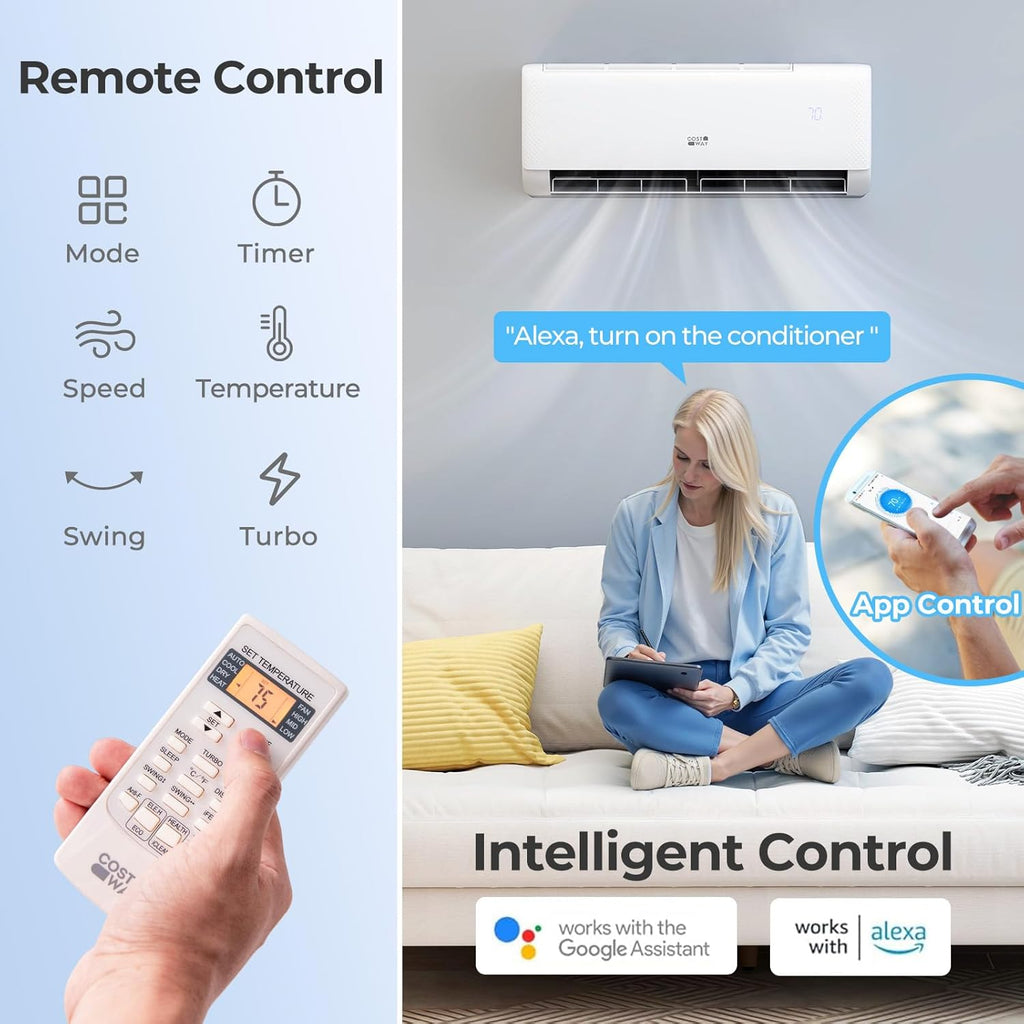 COSTWAY 9000 BTU Mini Split Air Conditioner, with Heat Pump, 20.5 SEER2 115V Inverter, 24H Timer, Auto Clean, Remote Control for Rooms up to 450 Sq.Ft (Airtural Series)