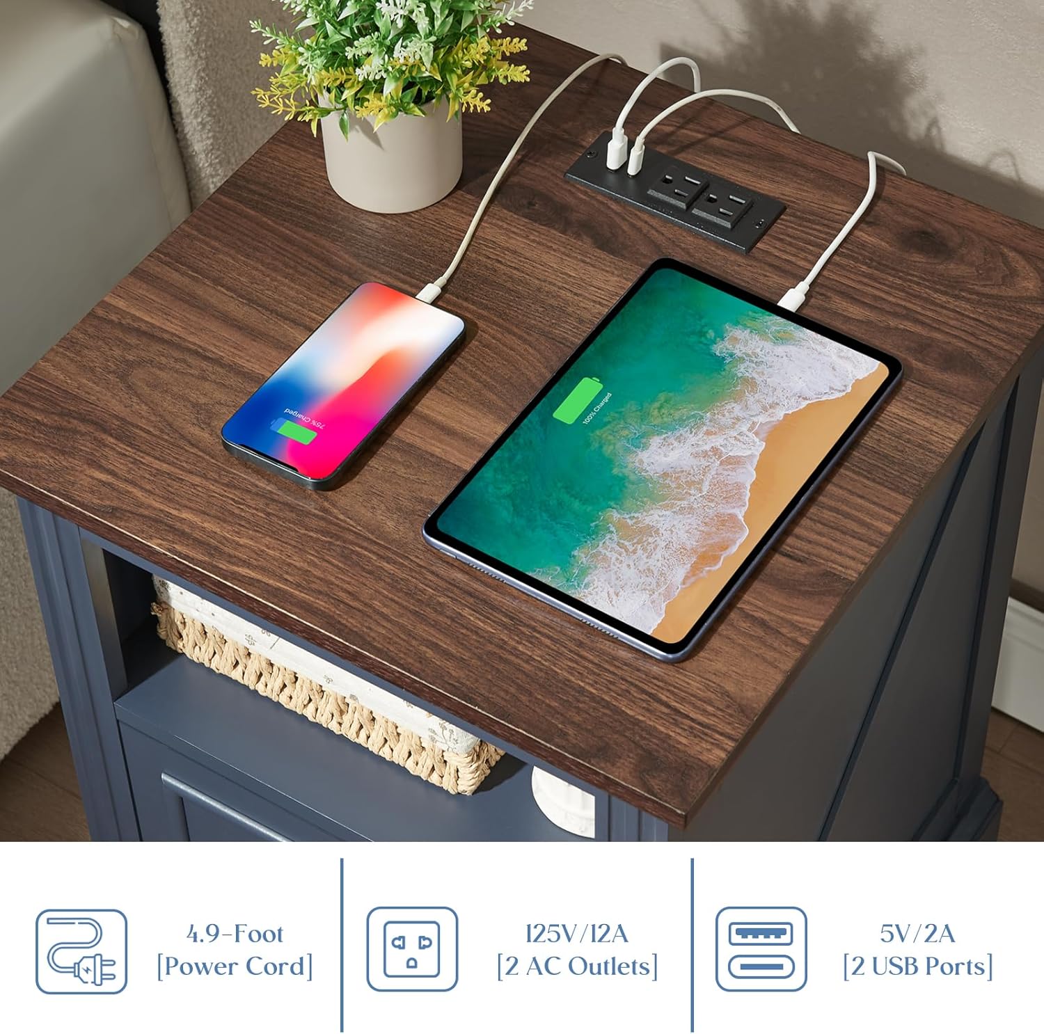QUW Nightstand Set of 2 with Charging Station, Side Table with 2 Drawers and Open Storage, 18" Retro Bedside Table, End Table for Bedroom, Living Room, Blue