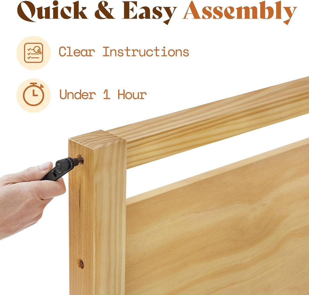 AMERLIFE Full Size Solid Wood Bed Frame with Headboard, Minimalist Platform Bed with Wood Slats Support/No Box Spring Needed/Easy Assembly/Noise-Free, Natural