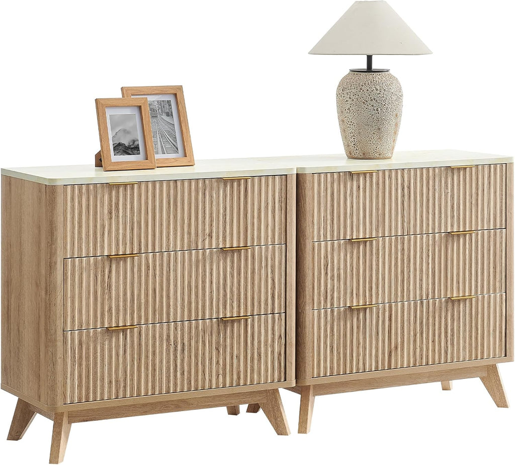 T4TREAM Set of 2 Fluted 3 Drawer Dresser, 32" Tall Modern Chest of Drawers with Faux Marble Top, Curved Profile Design, Wood Organizer for Bedroom, Living Room, Hallway, Entryway, Natural Oak