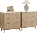 T4TREAM Set of 2 Fluted 3 Drawer Dresser, 32" Tall Modern Chest of Drawers with Faux Marble Top, Curved Profile Design, Wood Organizer for Bedroom, Living Room, Hallway, Entryway, Natural Oak