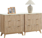 T4TREAM Set of 2 Fluted 3 Drawer Dresser, 32" Tall Modern Chest of Drawers with Faux Marble Top, Curved Profile Design, Wood Organizer for Bedroom, Living Room, Hallway, Entryway, Natural Oak