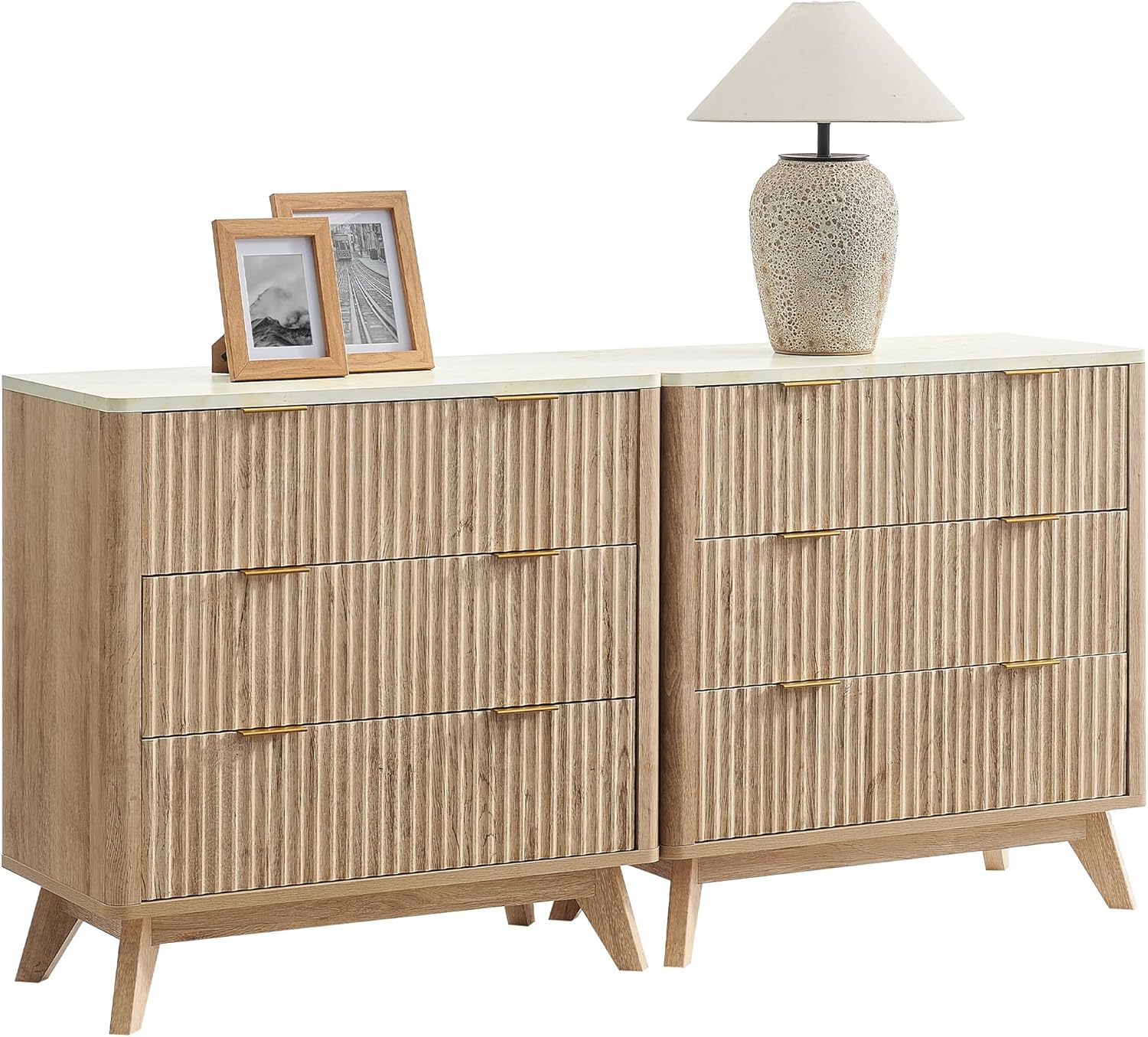 T4TREAM Set of 2 Fluted 3 Drawer Dresser, 32" Tall Modern Chest of Drawers with Faux Marble Top, Curved Profile Design, Wood Organizer for Bedroom, Living Room, Hallway, Entryway, Natural Oak