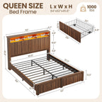 CypBed Queen Size Bed Frame with Headboard and Storage Drawers, Queen Bed Frame with LED Light and Charging Port, Farmhouse Wavy Wood Design, Wood & Metal Platform, Noise-Free, No Box Spring Needed