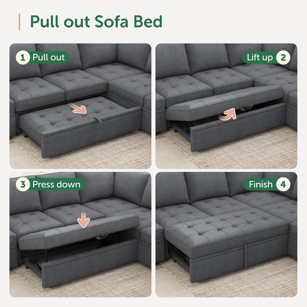 HONBAY Modular Sectional Sleeper Sofa with Pull Out Couch Bed, L Shaped Couch with Storage Seat, Sectional Couches for Living Room,Bluish Grey
