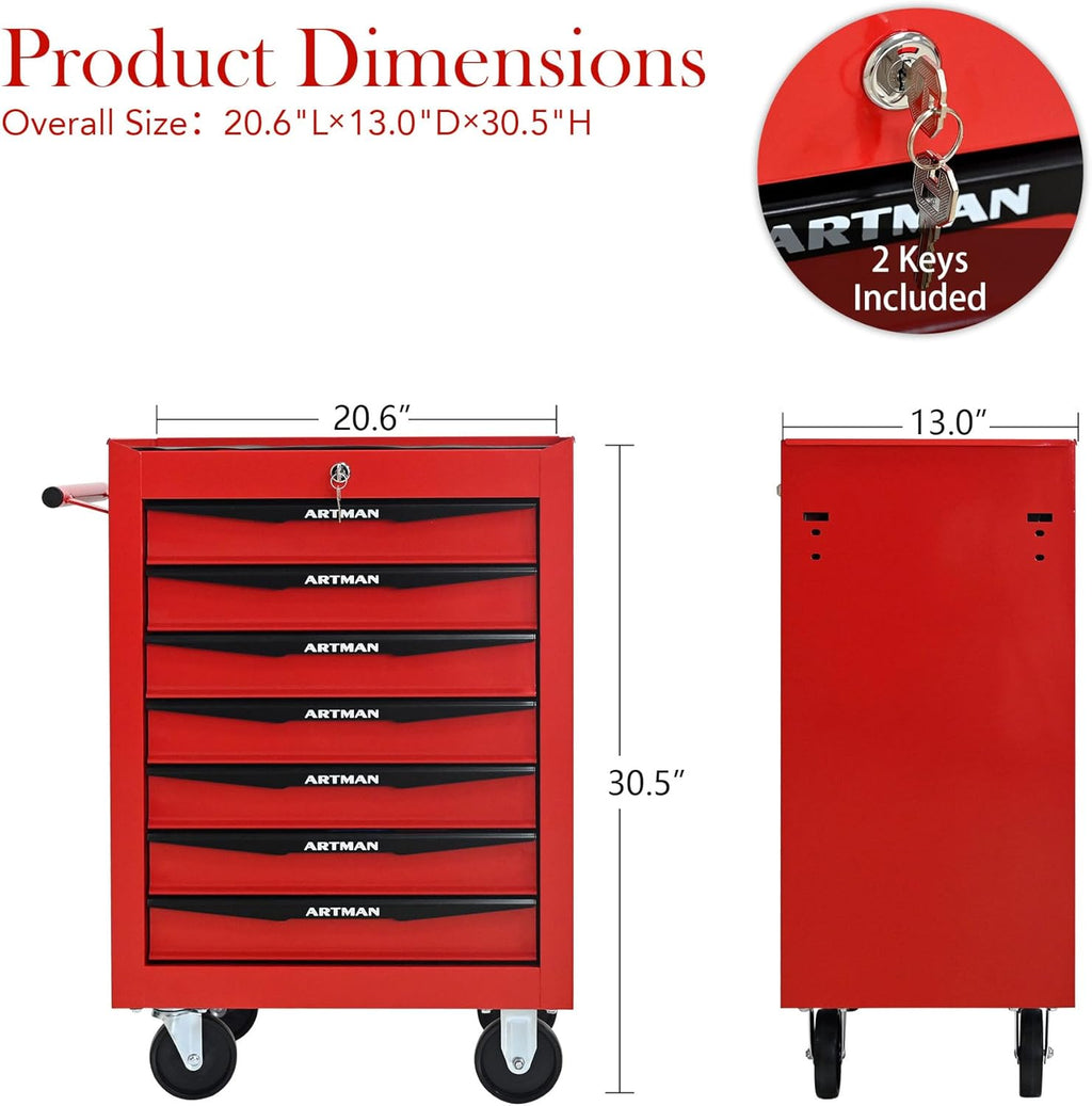 Red Metal Tool Chest with Wheels,Portable Rolling Tool Cabinet with 7 Drawers,Large Tools Chests & Cabinets with Key Locking/Pull Handle/Ball Bearing Slide for Garage Warehouse (Red+Black 7-Drawer)