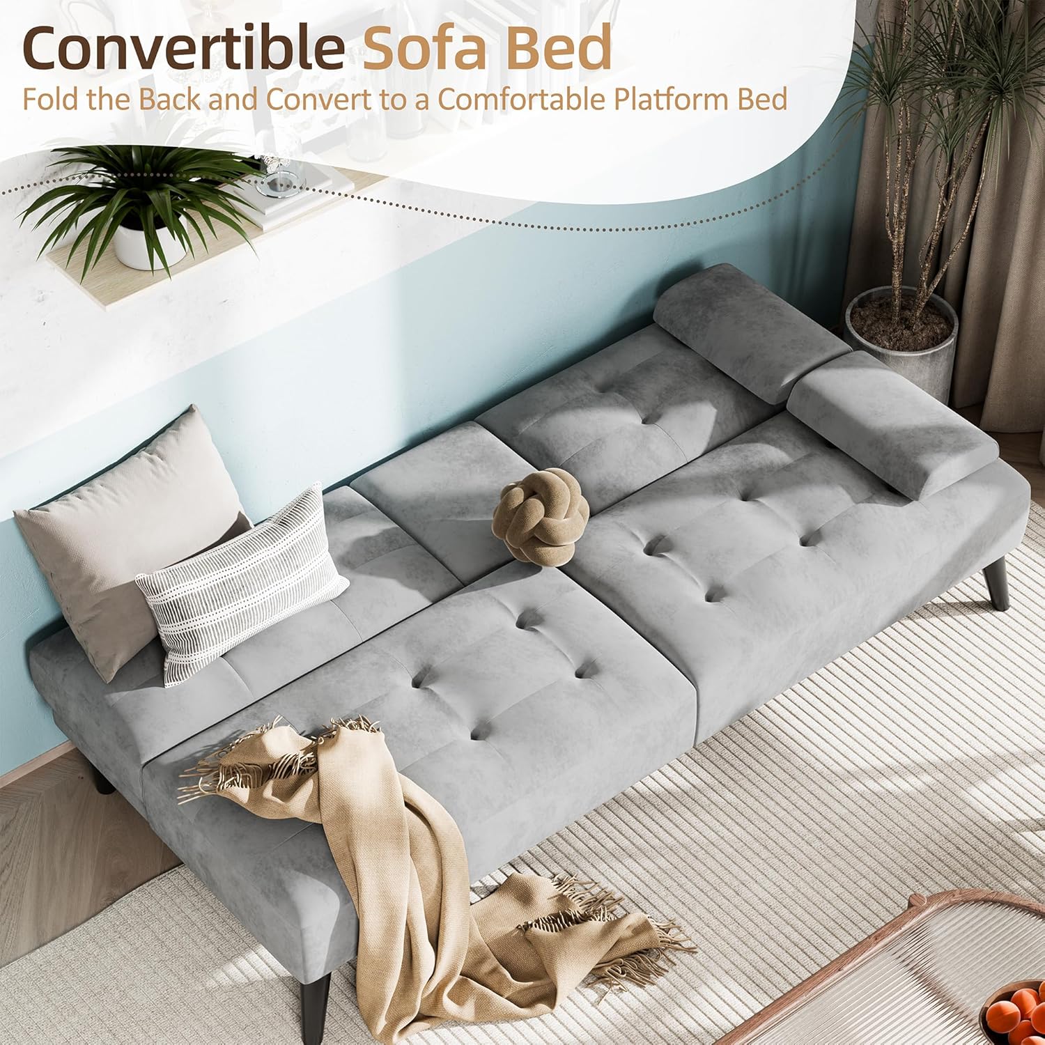 Shintenchi Futon Sofa Bed, Velvet Foldable Couch, Reclining Sleeper with Removable Armrests, Upholstered Loveseat Sofa Couch with Folding Cup Holders for Home, Office, Light Gray