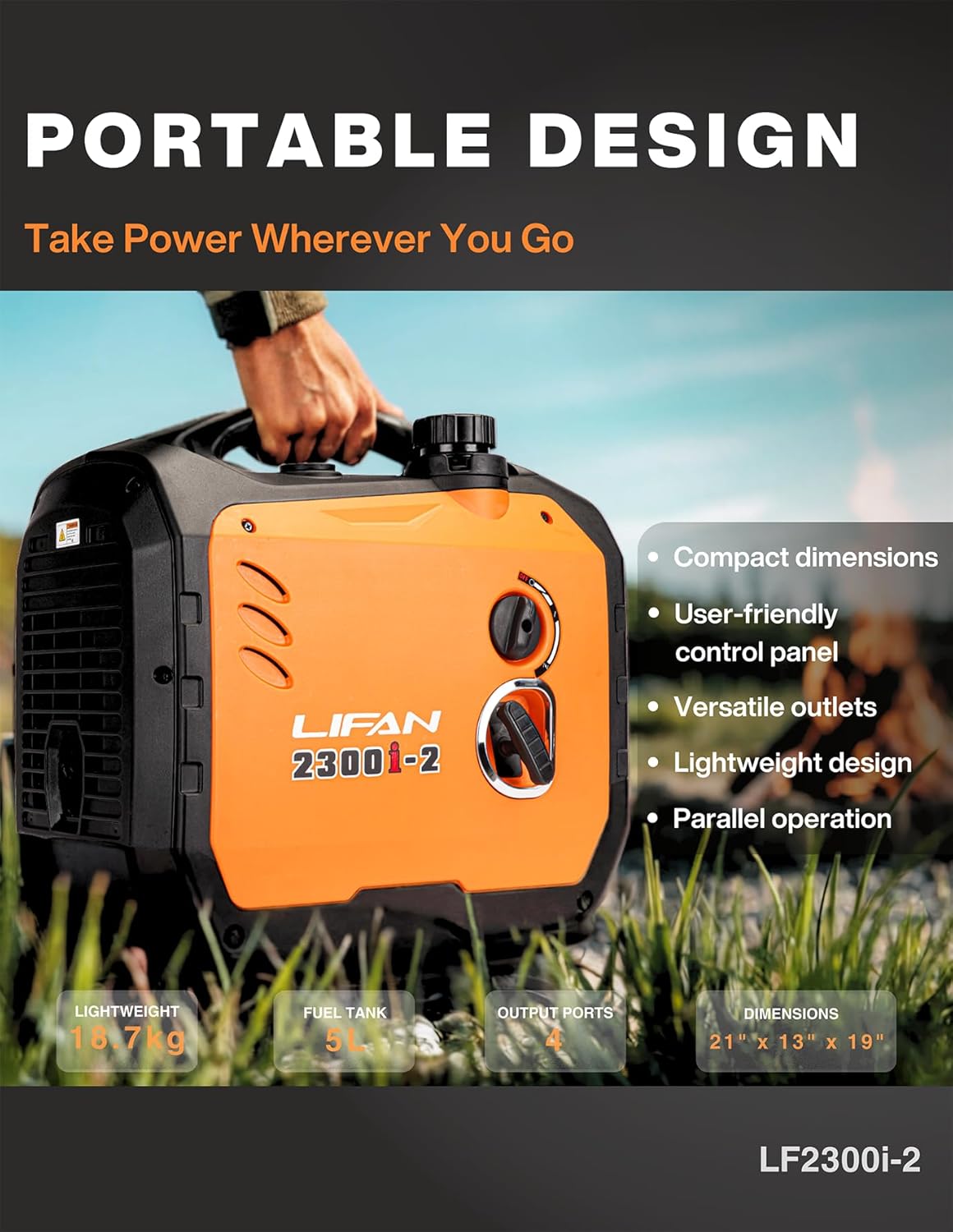 LIFAN 2300W Gasoline Inverter Generator - Portable  Quiet & Fuel-Efficient Power Solution for Home  Camping  RV & Emergency Use with Parallel Capability