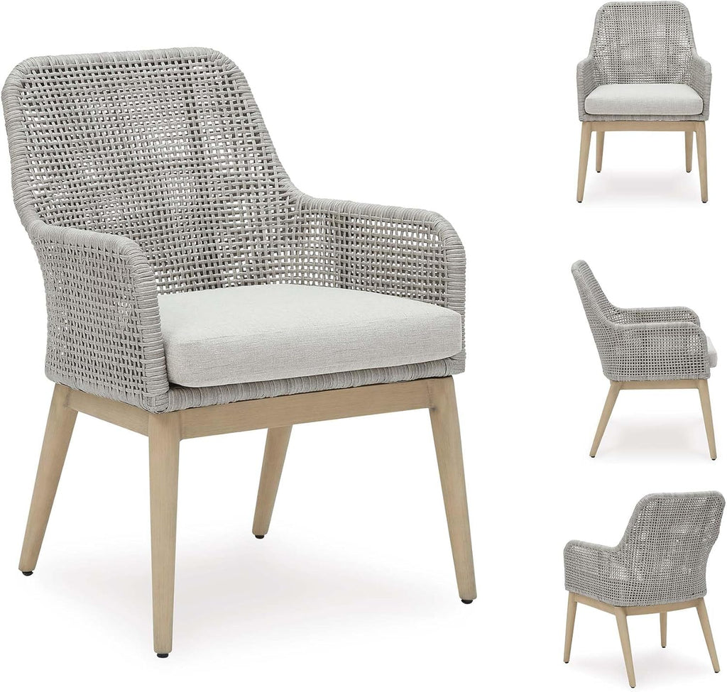 Signature Design by Ashley Seton Creek Cottage Nuvella Weather Resistant Fabric Outdoor Dining Arm Chair with Cushion, Set of 2, Light Brown & Light Gray