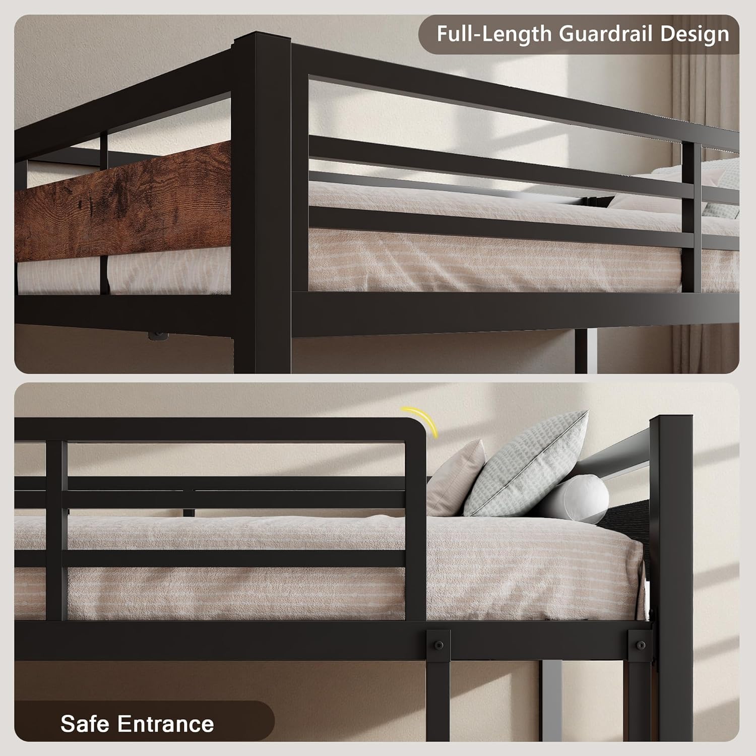 iPormis Metal Bunk Bed Twin Over Twin, HeHeavy Duty Bunk with High Guardrail and Safety Entrance Design, Under-Bed Storage Space, No Box Spring Needed, Noise Free, Vintage Brown
