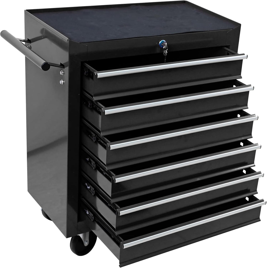 6-Drawer Rolling Tool Chest Cabinet, Large Capacity Metal Tool Box with Wheels and Keyed Locking, Roll Around Storage Organizer Tool Cart for Garage, Warehouse, Work Shop (Black03)