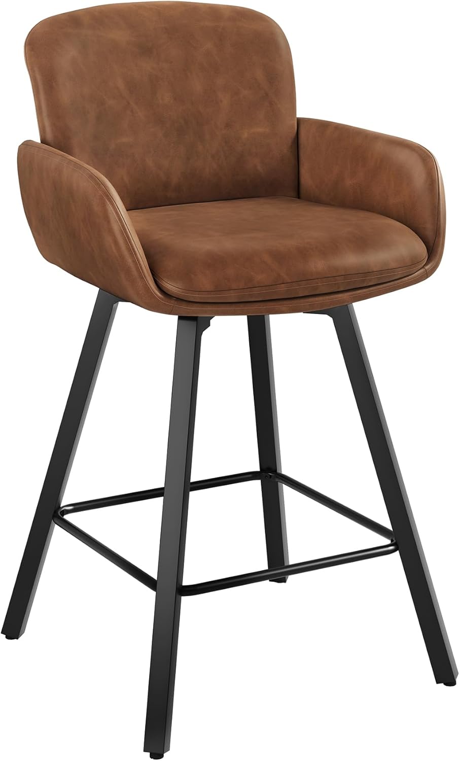LUE BONA 26" Swivel Bar Stools Set of 6, Counter Height Bar Stools with Backrest and Arms, Modern Upholstered Barstools with Metal Legs for Kitchen Island, Brown