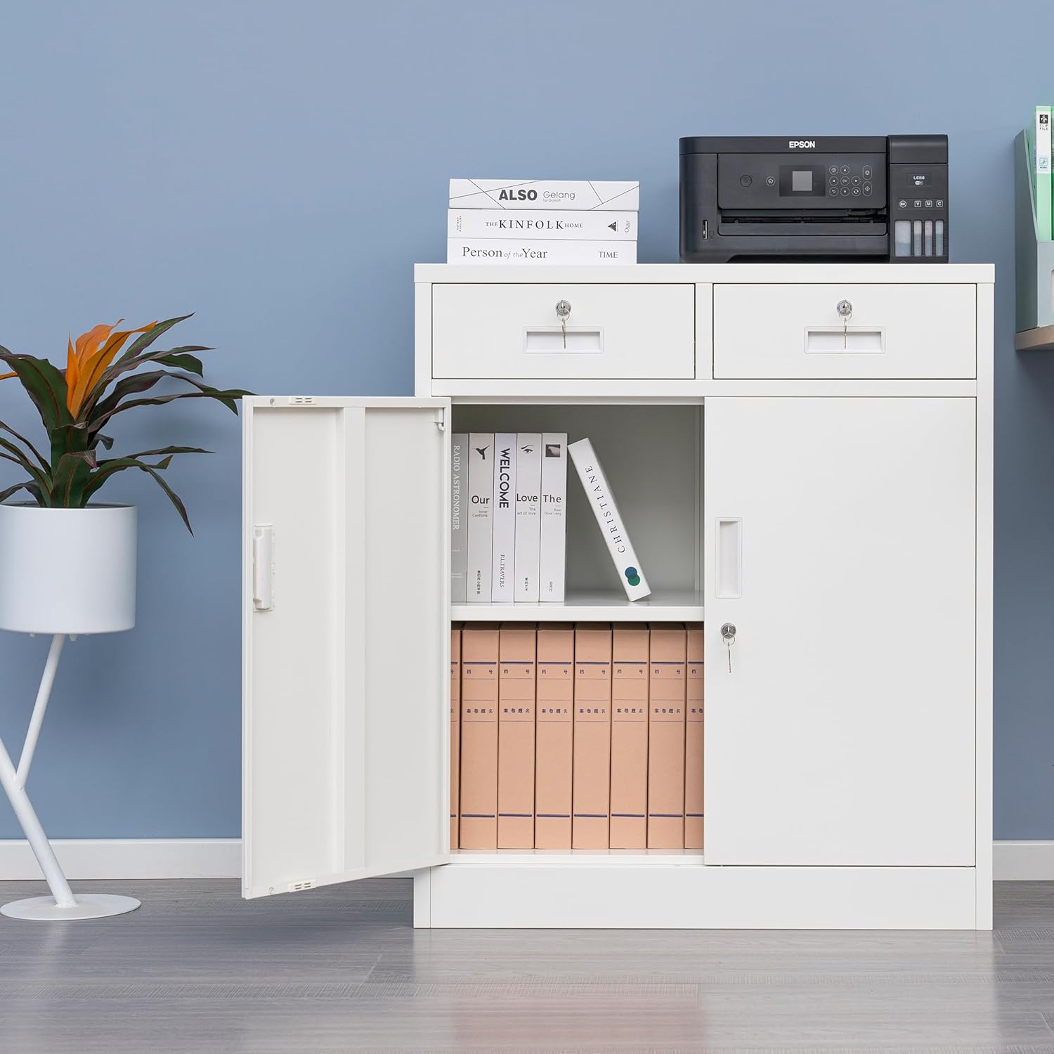 Wanfu Metal Storage Cabinet, Locking Storage Cabinet with Adjustable Shelf, 36" H Metal Cabinets with 2 Drawers for Office, Garage, Home-White