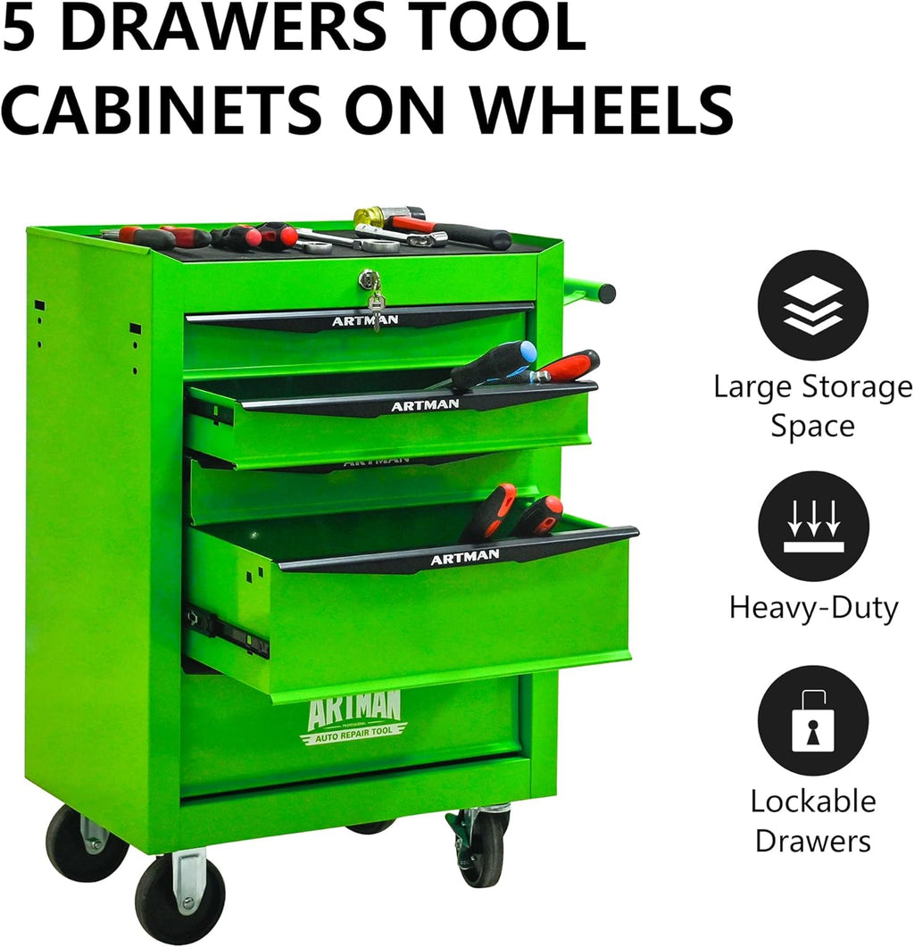 5 Drawer Rolling Tool Cart on Wheels,Multifunctional Mobile Metal Tool Chest,Drawers Rolling Trolley Organizer Tool Storage Box for Repair Shop,Warehouse,Garage,Workshop(5 Drawers-30.5"H-Green)