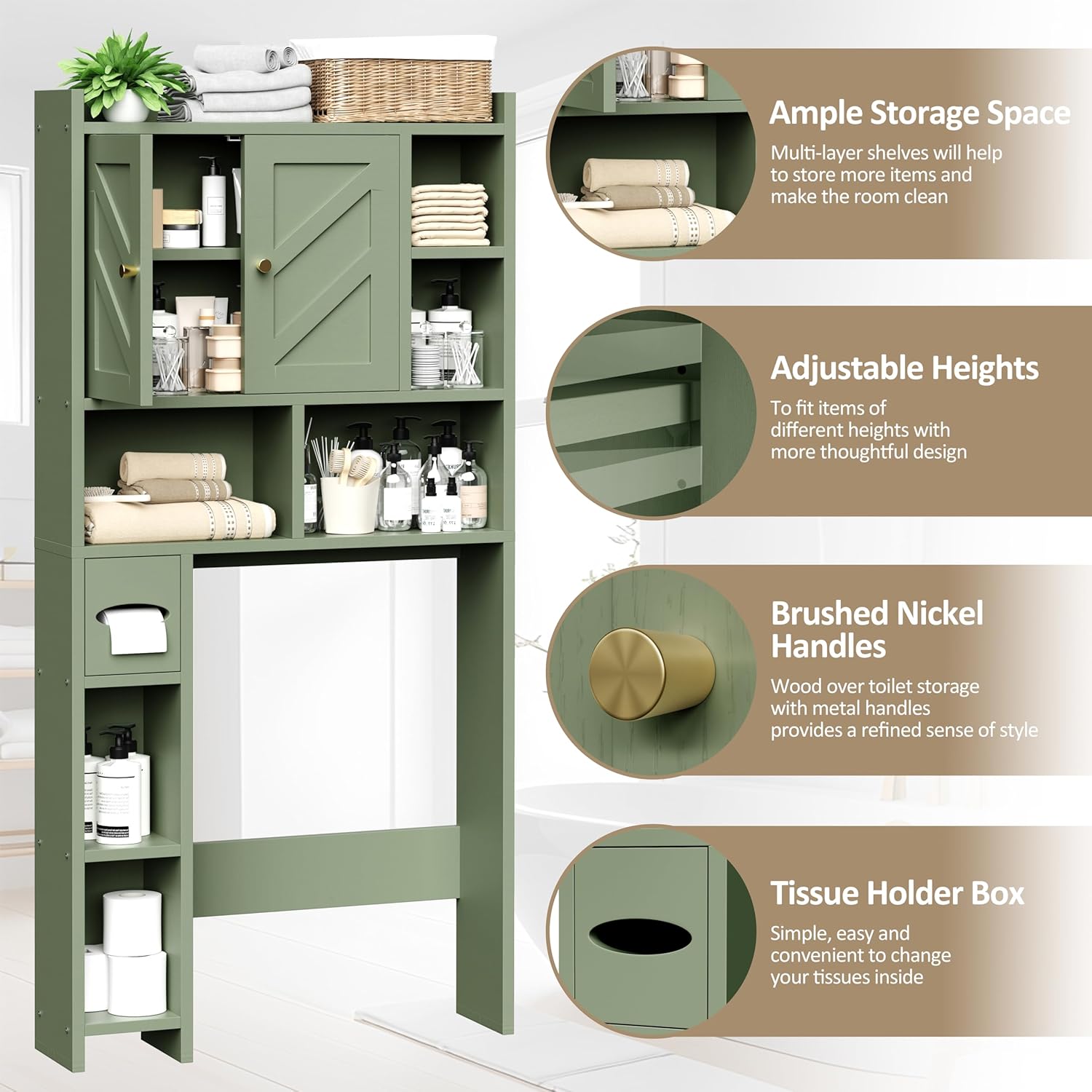 Meilocar Over The Toilet Storage Cabinet, 64.6" Tall Bathroom Organizer Space Saver with Toilet Paper Holder & Adjustable Shelf, Freestanding Wood Cabinet for Small Space, Green