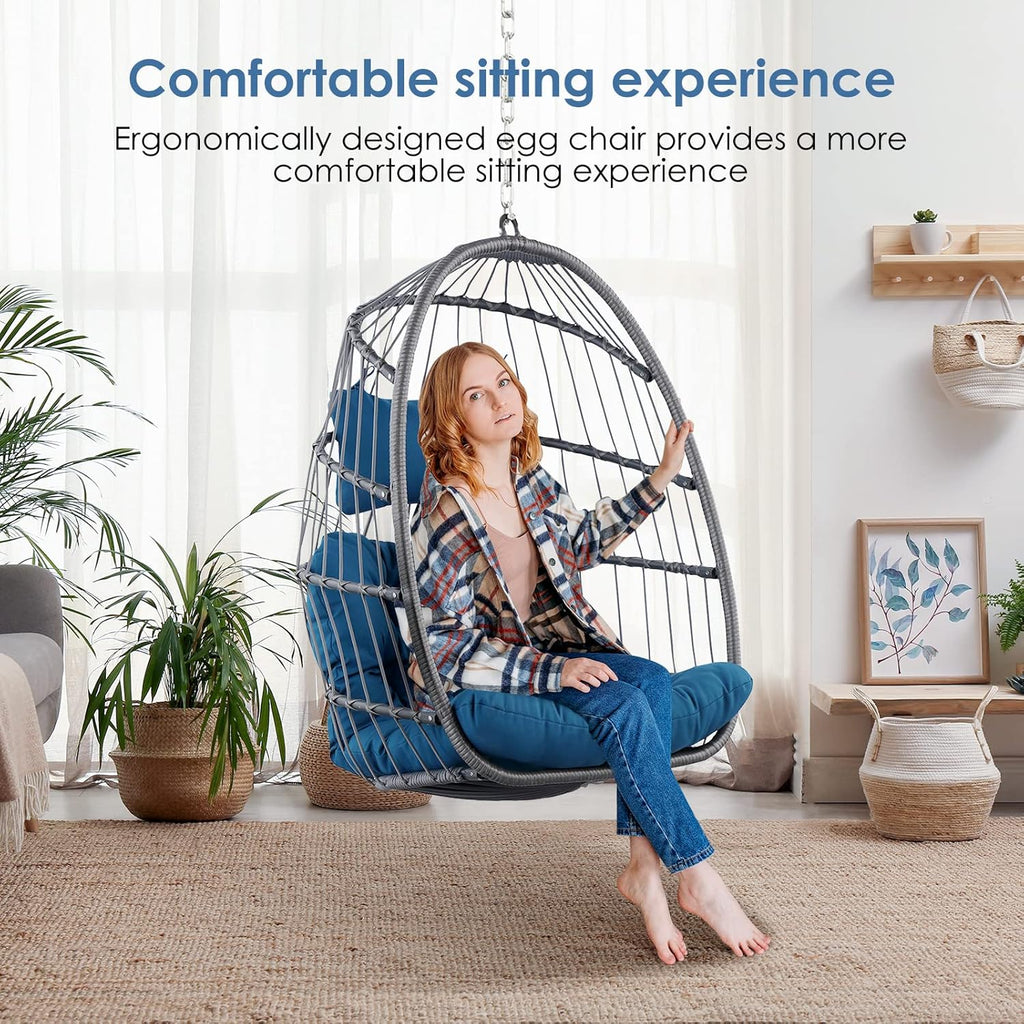 Hanging Egg Chair - Patio Rattan Wicker Swing Egg Chair Hammock Chair for Indoor Outdoor Bedroom Garden - Aluminum Steel Frame UV Resistant Cushion (Aluminum-Without Stand, Teal Blue)
