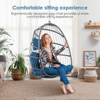 Hanging Egg Chair - Patio Rattan Wicker Swing Egg Chair Hammock Chair for Indoor Outdoor Bedroom Garden - Aluminum Steel Frame UV Resistant Cushion (Aluminum-Without Stand, Teal Blue)