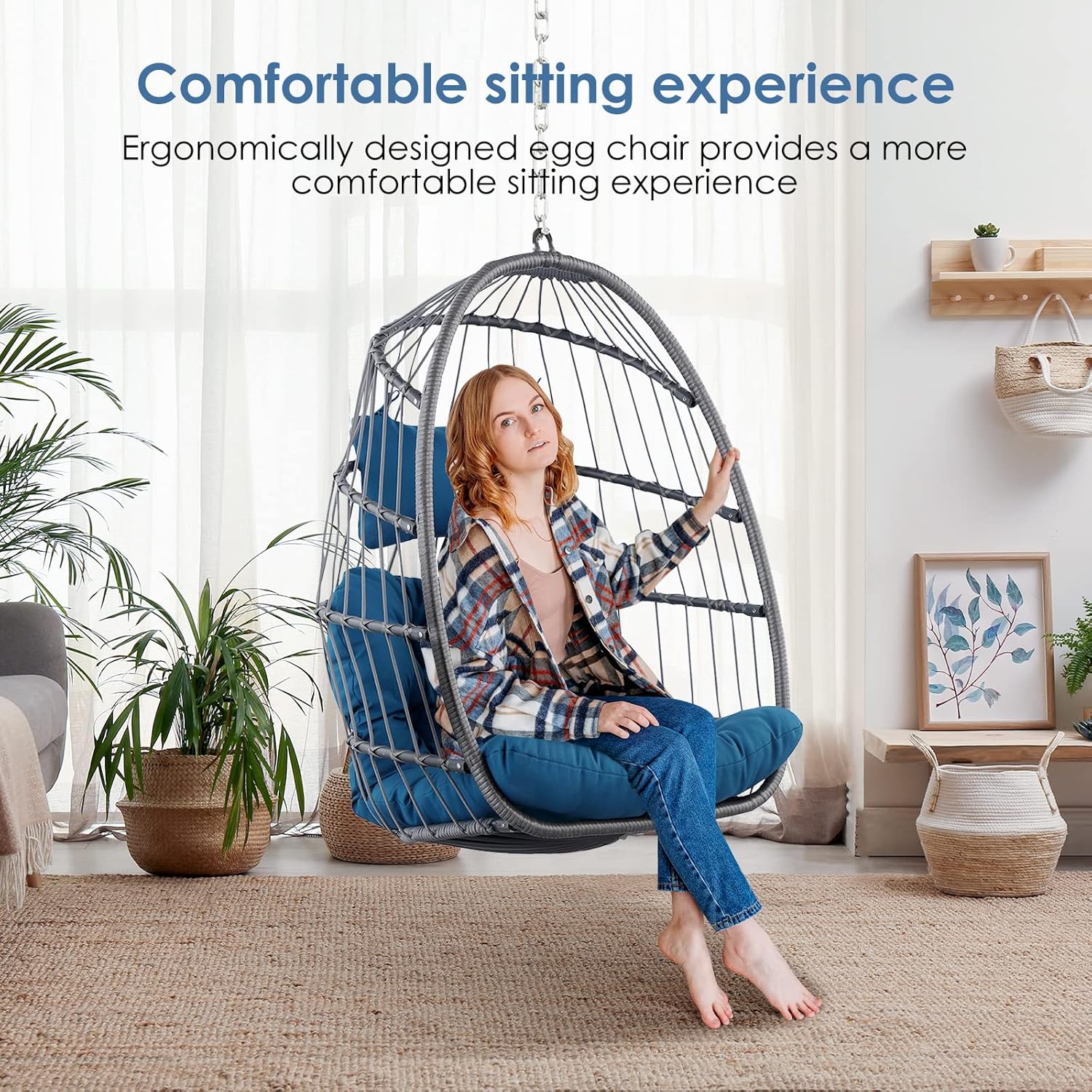 Hanging Egg Chair - Patio Rattan Wicker Swing Egg Chair Hammock Chair for Indoor Outdoor Bedroom Garden - Aluminum Steel Frame UV Resistant Cushion (Aluminum-Without Stand, Teal Blue)