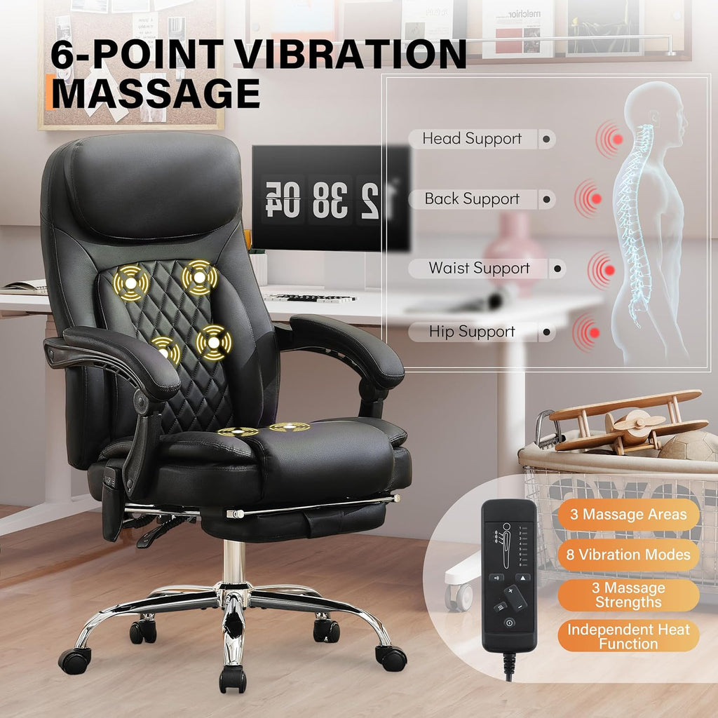 500LBS Massage Office Chair, 6 Points Vibration & Heat Executive Office Chairs, 135°Reclining Comfy Desk Chair with Foot Rest, Wider & Thicker Seat Cushion, PU Leather Big and Tall Gaming Chair, Black
