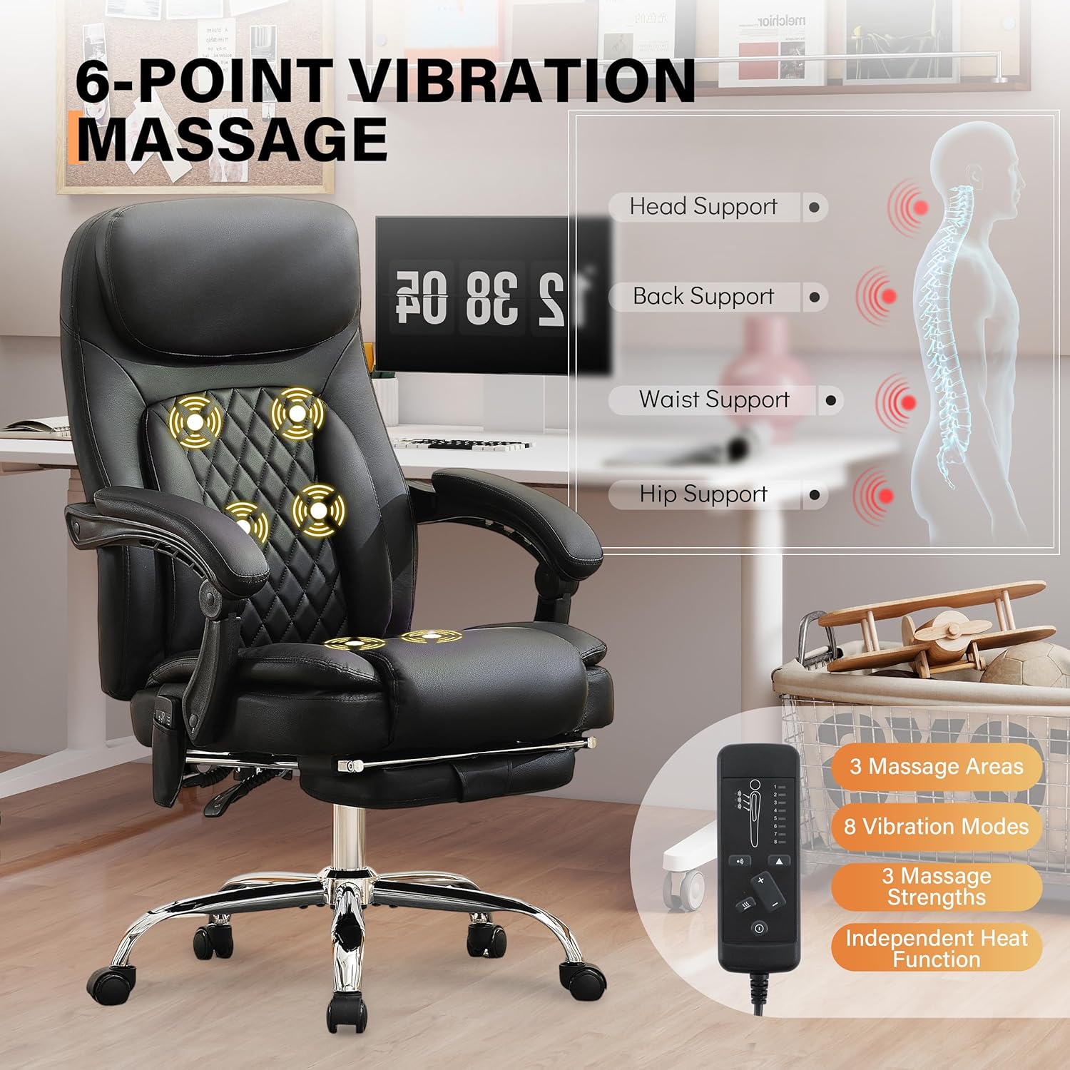 500LBS Massage Office Chair, 6 Points Vibration & Heat Executive Office Chairs, 135°Reclining Comfy Desk Chair with Foot Rest, Wider & Thicker Seat Cushion, PU Leather Big and Tall Gaming Chair, Black