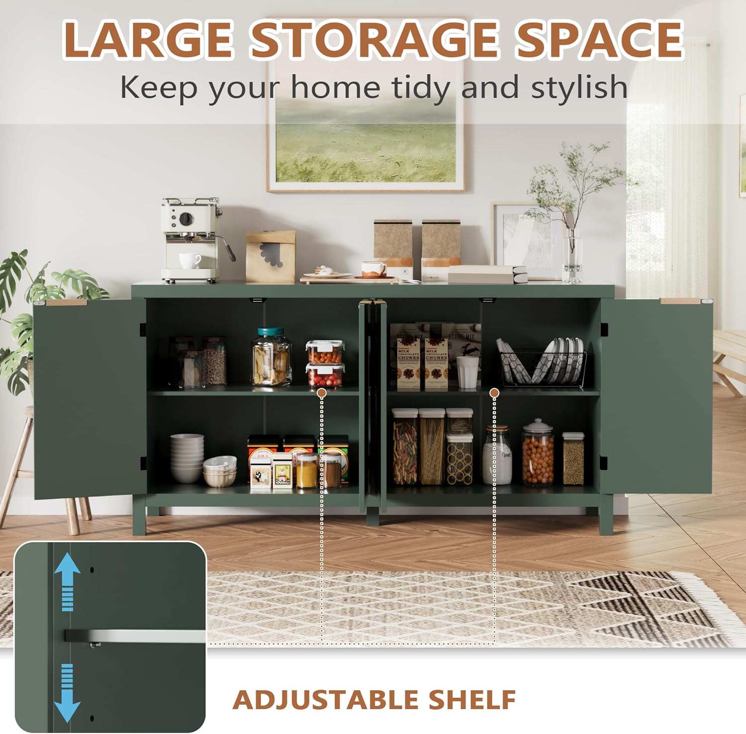 58" W Sideboard Buffet Cabinet with Storage, Mid Century Modern Credenza with Arch Doors & Shelves Coffee Bar Media Console Cabinets for Kitchen, Living Room, Entryway (Green)