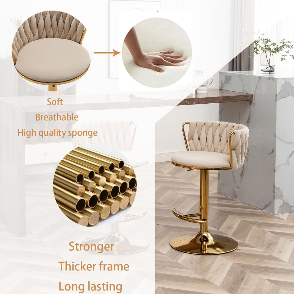 Velvet Bar Stools Set of 3, Counter Height Bar Chairs with Low Back, Gold Swivel Bar Stools for Kitchen Island, Pub (Beige)