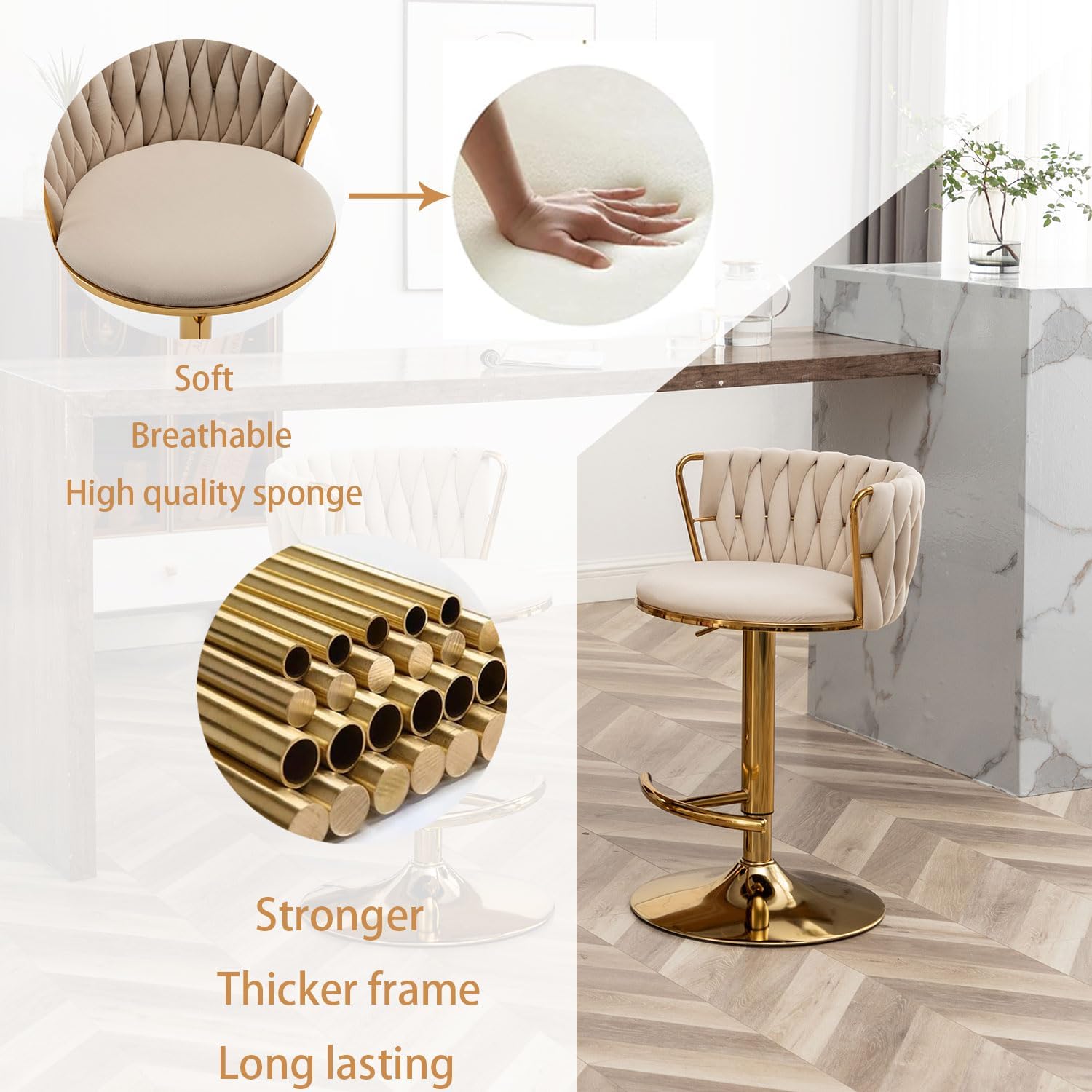 Velvet Bar Stools Set of 3, Counter Height Bar Chairs with Low Back, Gold Swivel Bar Stools for Kitchen Island, Pub (Beige)