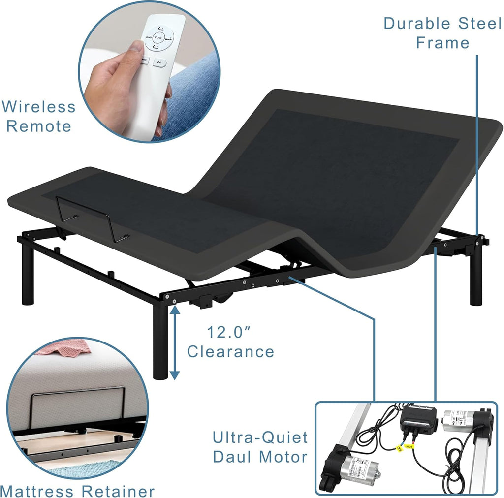Queen Adjustable Bed Frame with Wireless Remote, Dual Motors