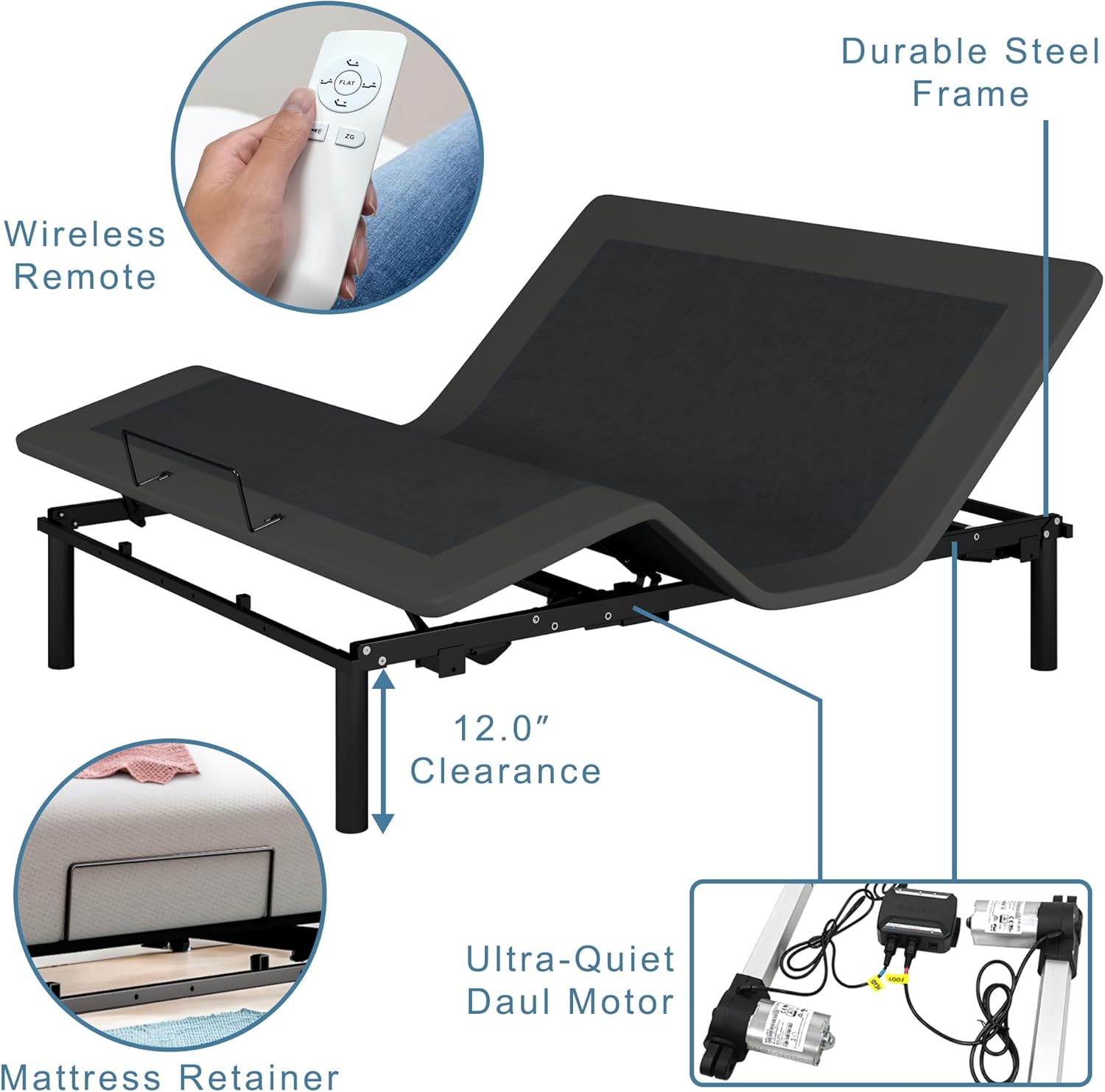 Queen Adjustable Bed Frame with Wireless Remote, Dual Motors