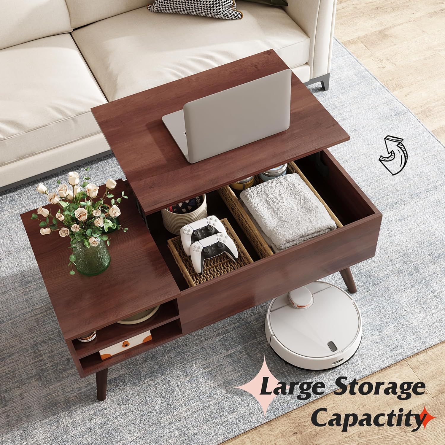 WLIVE Lift Top Coffee Table for Living Room,Small Coffee Table with Storage,Hidden Compartment and Adjustable Shelf,Mid Century Modern, Wood,Cherry,Espresso.