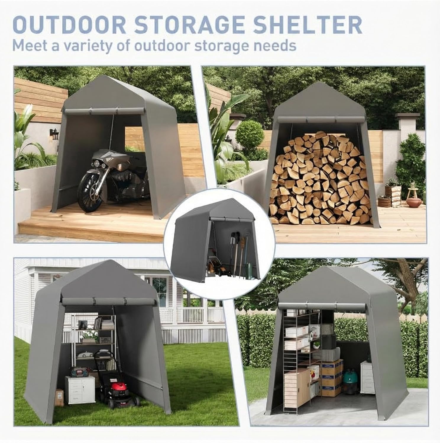 Garvee 6X8 Ft Outdoor Storage Shed, 2 Rolled Up Zipper Doors Portable Storage Shed, Waterproof Cover Vents Carports Temporary Shelter for Bike, Motorcycle, Gardening Tools, Generator, Grey