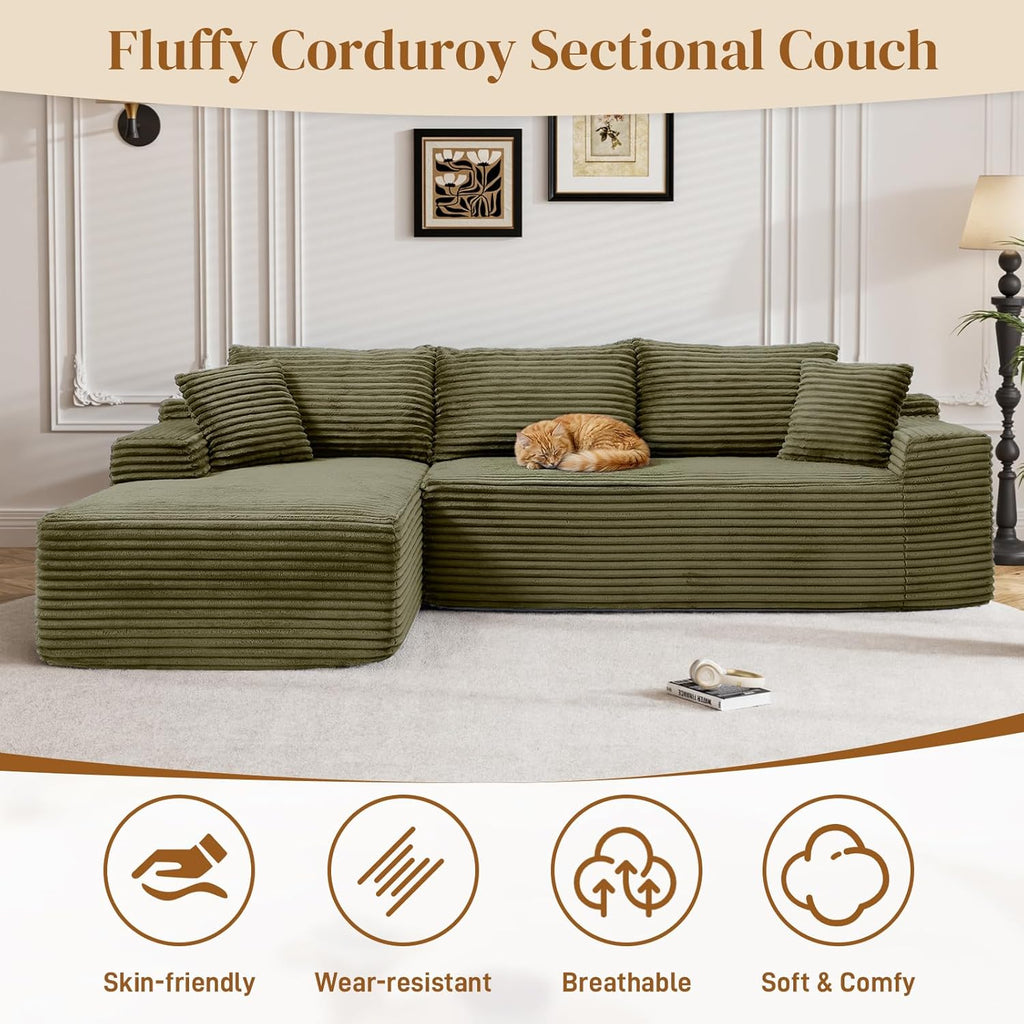 95" Boneless Cloud Sectional Couches for Living Room, Comfy Fluffy L Shaped Memory Foam Deep Seat Boneless Couch, Modular Sectional Sofa with Left Facing Chaise, Olive Green