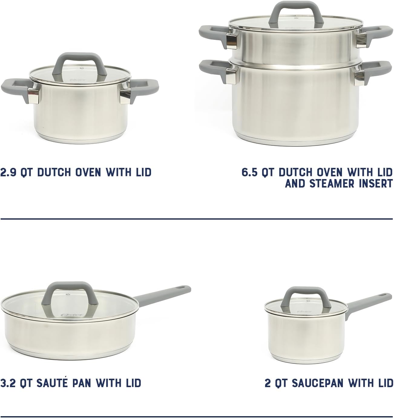 Oster Beauford 9-Piece Stainless Steel 5-Ply Encapsulated Base Cookware Set – Non-Toxic, Induction Compatible Pots and Pans with Stay-Cool Handles – Dishwasher Safe