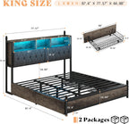 King Bed Frame with 3-Tier Storage Headboard, LED & Charging Station Metal Platform Bed with 4 Storage Drawers, Hidden Areas, Noise-Free/No Box Spring Needed/Metal Support,Rustic Grey