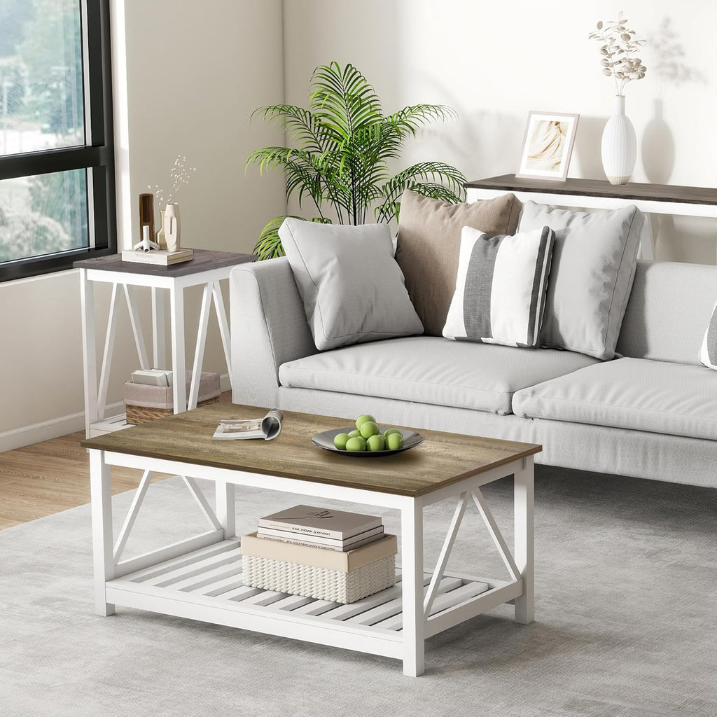 Farmhouse Coffee Table for Living Room, 2-Tier Rectangular Wooden Centre Cocktail Table with Slats Shelf Storage and V-Shaped Frame (Walnut Top)