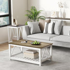 Farmhouse Coffee Table for Living Room, 2-Tier Rectangular Wooden Centre Cocktail Table with Slats Shelf Storage and V-Shaped Frame (Walnut Top)