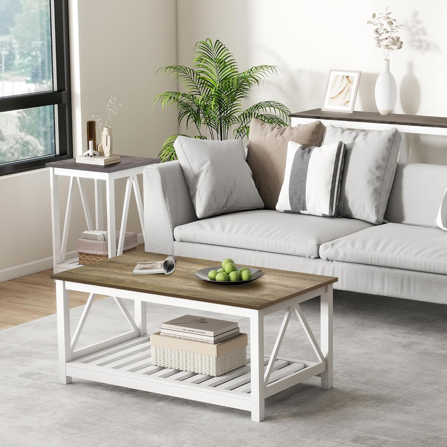 Farmhouse Coffee Table for Living Room, 2-Tier Rectangular Wooden Centre Cocktail Table with Slats Shelf Storage and V-Shaped Frame (Walnut Top)