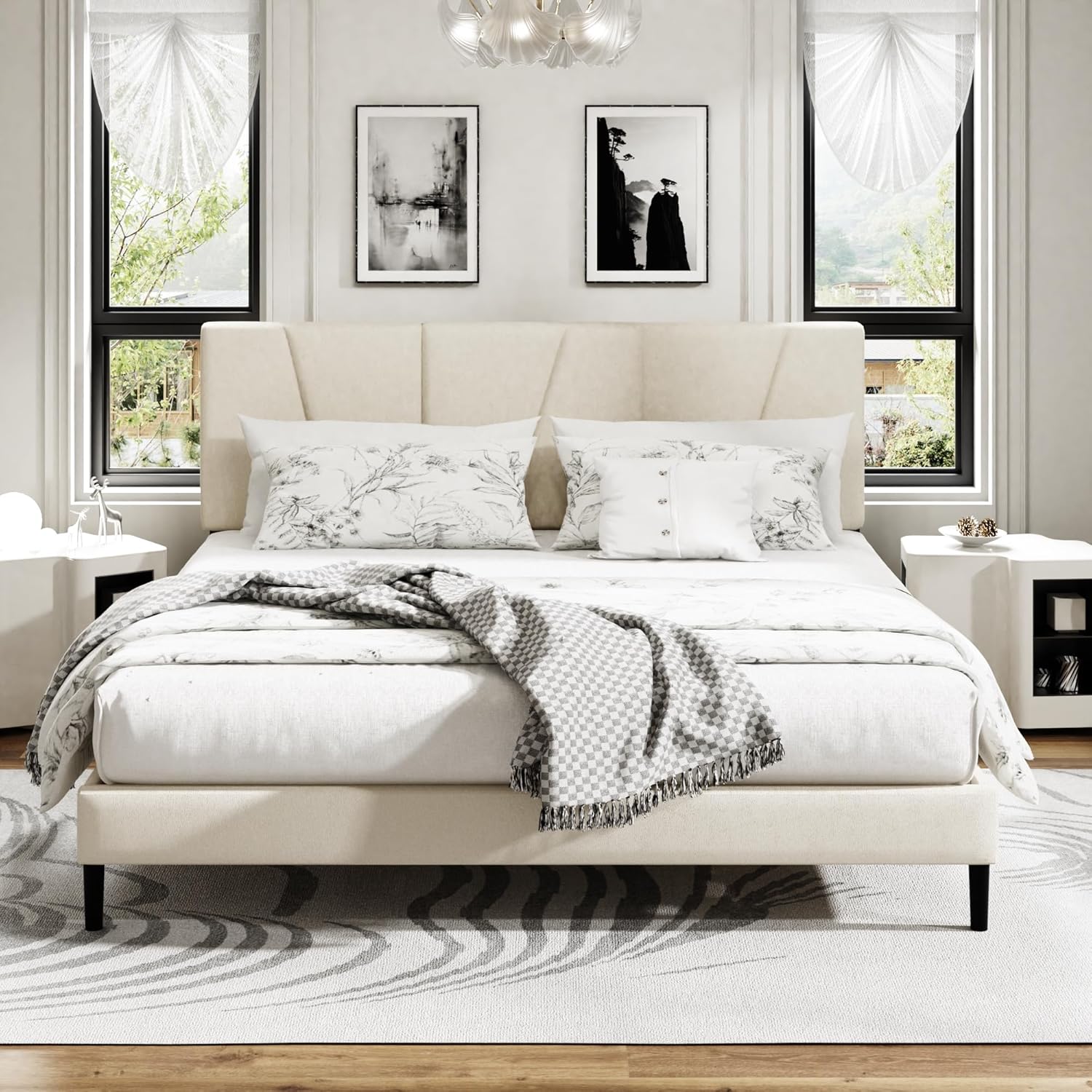 King Size Platform Bed Frame with Upholstered Headboard, Wooden Slats Support, Noise Free, No Box Spring Needed, Easy Assembly, Beige, Velvet